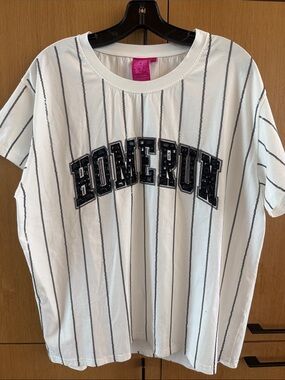 Queen of Sparkles White Sequin Black Pinstripe Home Run Baseball Tee Top Large
